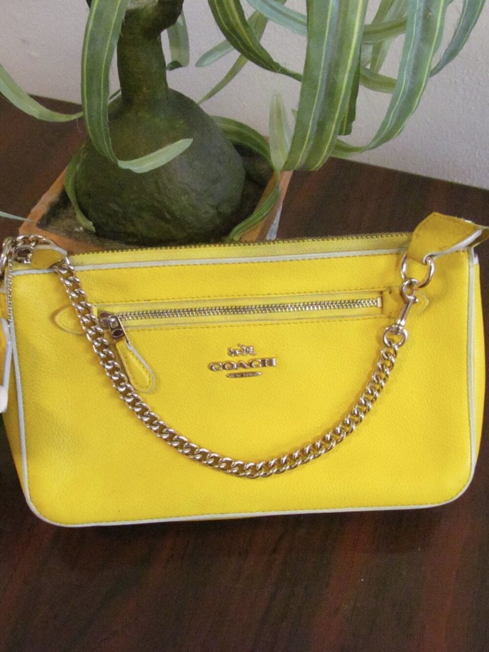 Coach Nolita 24 Clutch Purse or Wristlet Yellow Pebbled Leather Gold Chain Strap